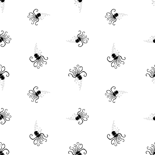 Seamless pattern of silhouettes funny cartoon octopuses