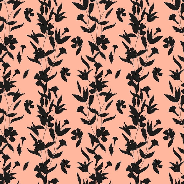 Seamless pattern of silhouettes of herbs and flowers Botanical elements are drawn by hand with ink