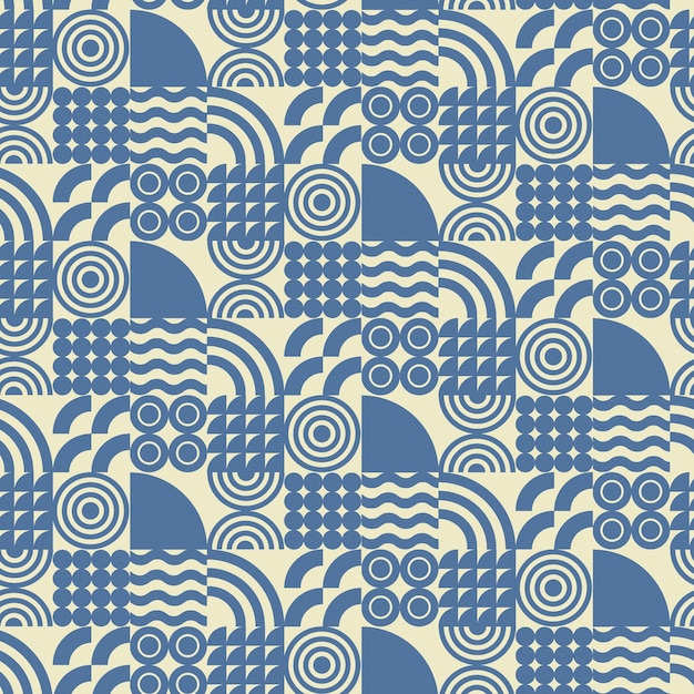 乳白色の背景にシンプルな青の幾何学的な要素のシームレスなパターン グラフィック デザインの印刷と装飾のためのバウハウス スタイルの表面デザイン