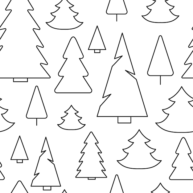Seamless pattern of simple Christmas trees. Endless winter background. White and black vector illustration.