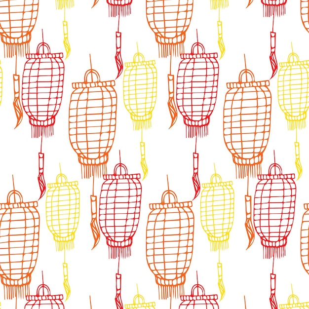 Seamless pattern of a simple Japanese street lamp painted in doodle style