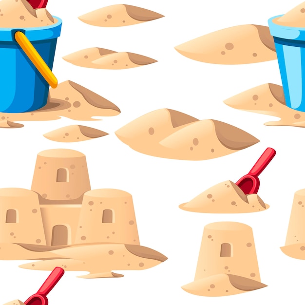 Seamless pattern. Simple sand castle with blue bucket and red shovel. Cartoon design. Flat  illustration on white background.