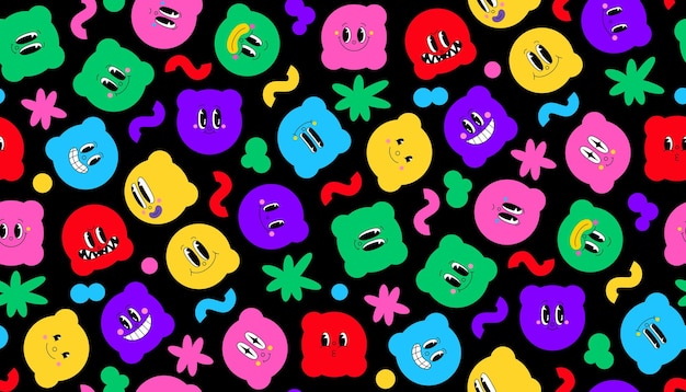 Vector seamless pattern of simple shapes abstract cartoon characters with emotions