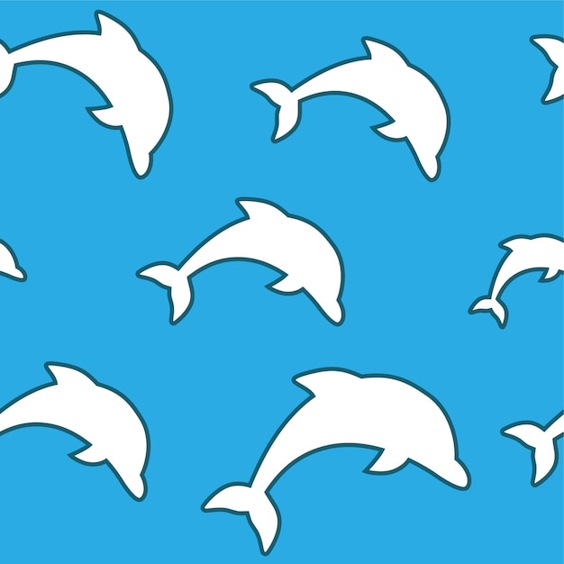 Бесшовный узор - простые белые прыгающие дельфины на синем фоне морской волны.