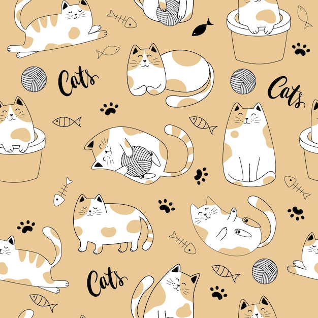 Seamless pattern of simply drawing kitty in various acting isolated on white background