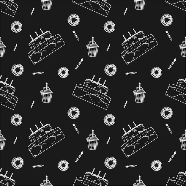 Бесшовный рисунок эскиза праздничного торта и пончиков с линейным искусством черного фона, дизайн еды для обоев, фон, обложка, магазин, продажа, и графический дизайн, векторная иллюстрация