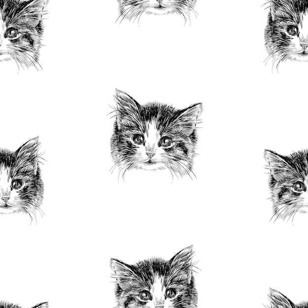 Seamless pattern of sketch portrait of cute kitten