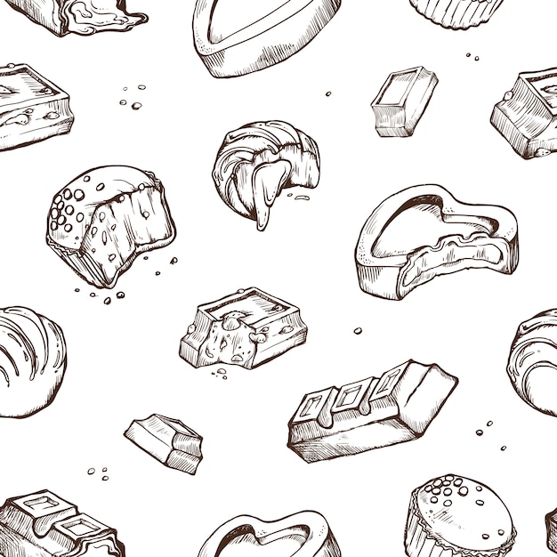Seamless pattern of sketches bitten chocolates. sweet rolls, bars, glazed, cocoa beans. isolated objects on a white