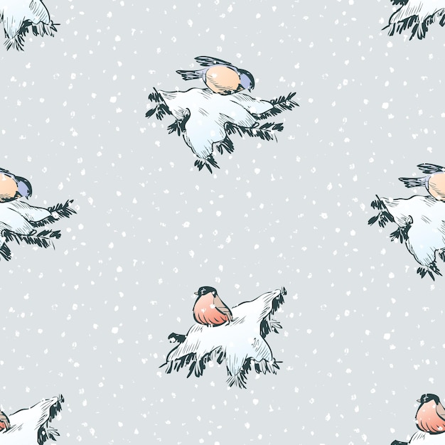 Vector seamless pattern of sketches bullfinches and titmouses on fir branches in winter forest