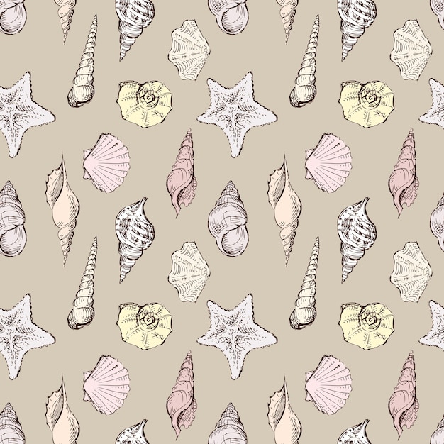 Seamless pattern of sketches different sea shells