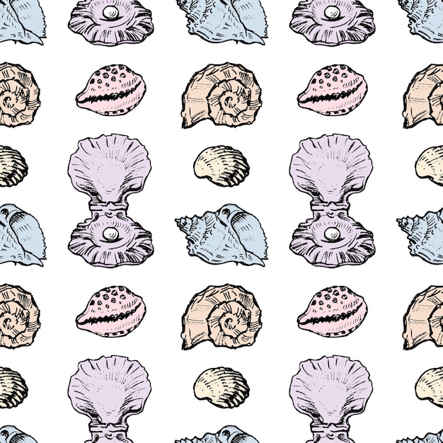 Vector seamless pattern of sketches of different seashells