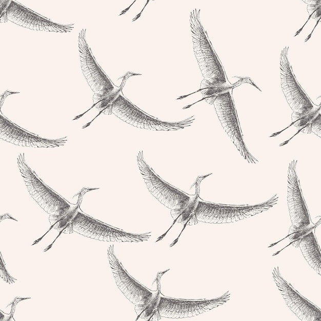 Seamless pattern of sketches flying heron flock in sky