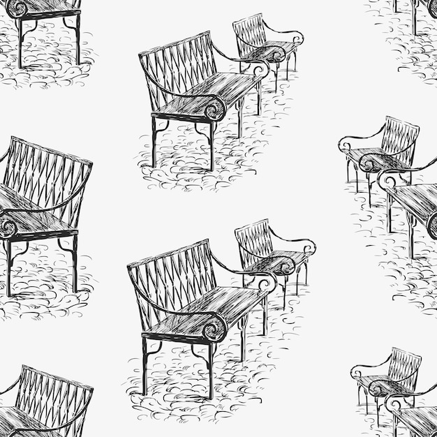 Seamless pattern of sketches park benches in perspective