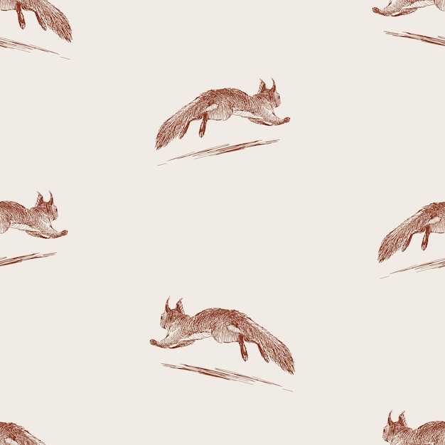 Vector seamless pattern of sketches squirrel running away