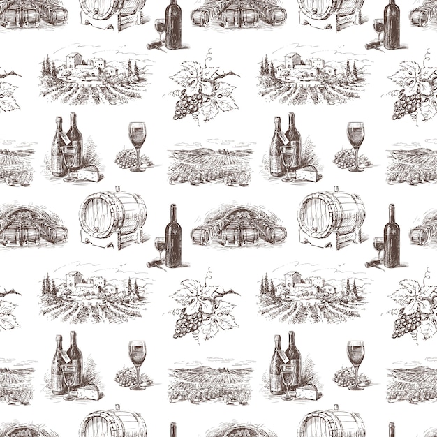 Vector seamless pattern of sketches symbols wine making