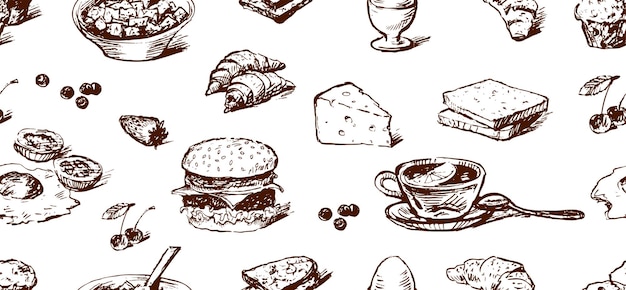 Seamless pattern of sketches various breakfast products vector background for paper