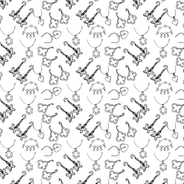 Seamless pattern of sketches various female jewerly with diamond and pearl vector illustration