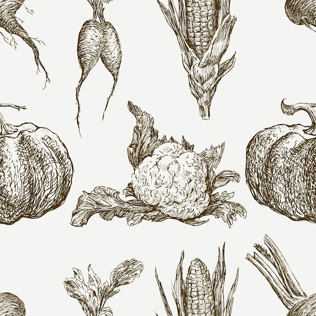 Vector seamless pattern of sketches various ripe vegetables