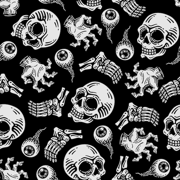 Vector seamless pattern of skull and zombie hand in dark background