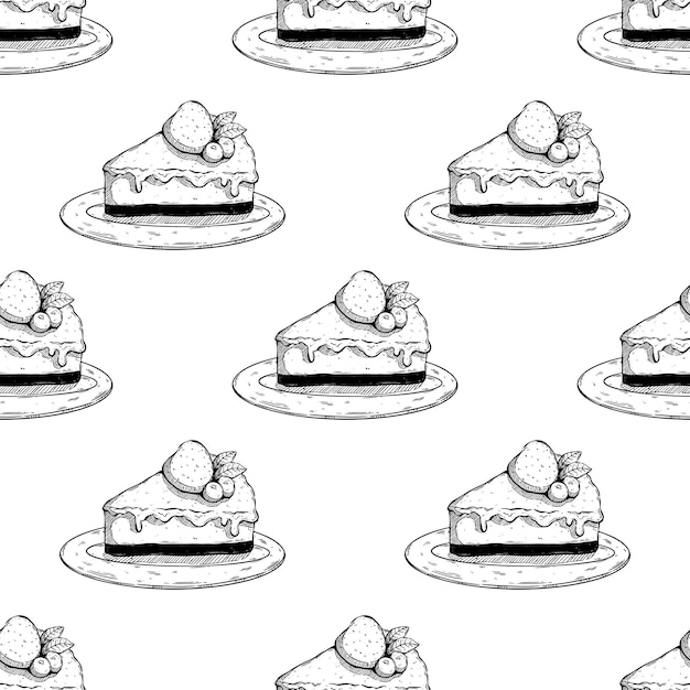 Seamless pattern of slice cake with strawberry topping on plate