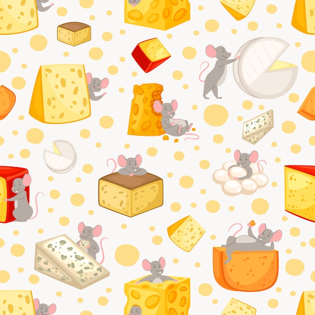 Seamless pattern sliced cheese and mice in cartoon , pattern cute animal, food, ,  style  illustration.