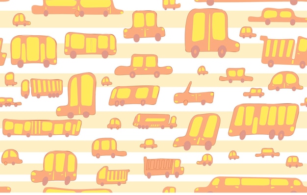 Seamless pattern of the small and big cars and trucks on the road. Vector pattern