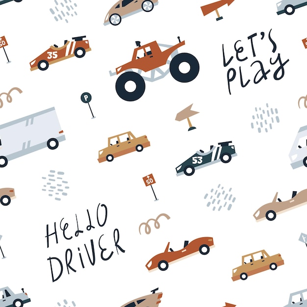 Seamless pattern small cars road signs isolated white background flat style print fabric wallpaper