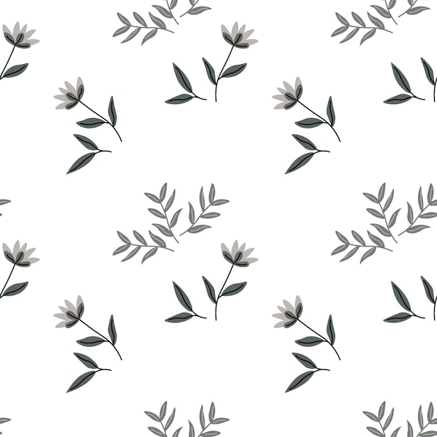 Seamless pattern small delicate gray flowers and branches with leaves