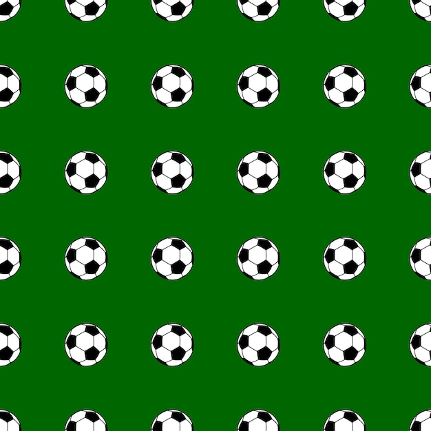 Seamless pattern of small soccer balls on green background.