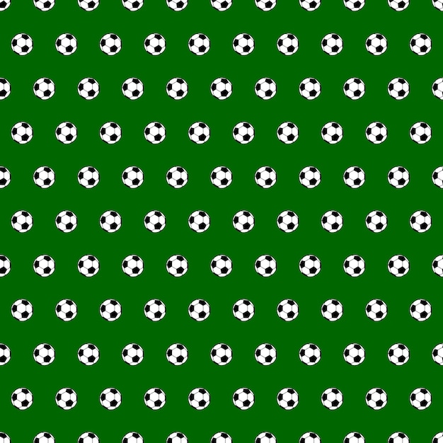 Seamless pattern of small soccer balls on green background.