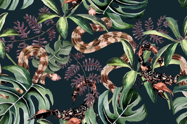 シームレスパターンのヘビとモンステラの熱帯植物を水彩で描いた生地と壁紙