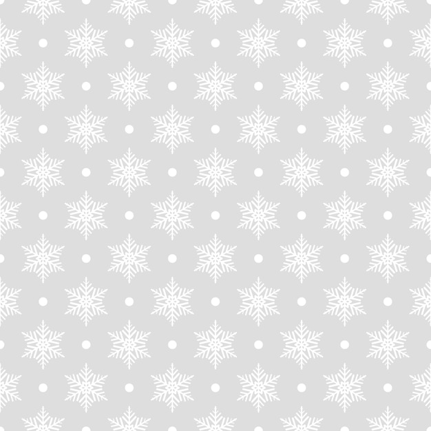 Vector seamless pattern of snowflakes and dots, white on gray