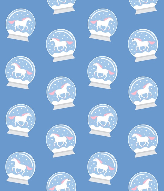 Seamless pattern of snowglobes with unicorn