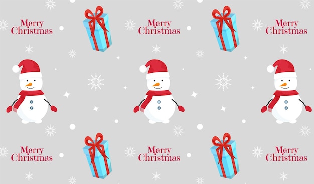 Seamless pattern snowman with gift and merry christmas lettering