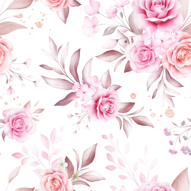 Vector seamless pattern of soft watercolor flowers arrangements and gold glitter on white background for fashion, print, textile, fabric, and card background