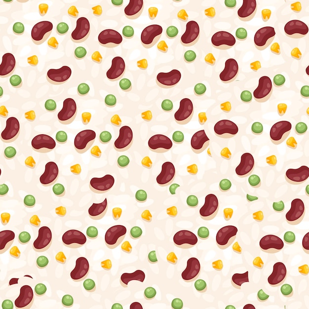 Vector seamless pattern of soybean green pea and corn vegetables food flat vector illustration on beige background.
