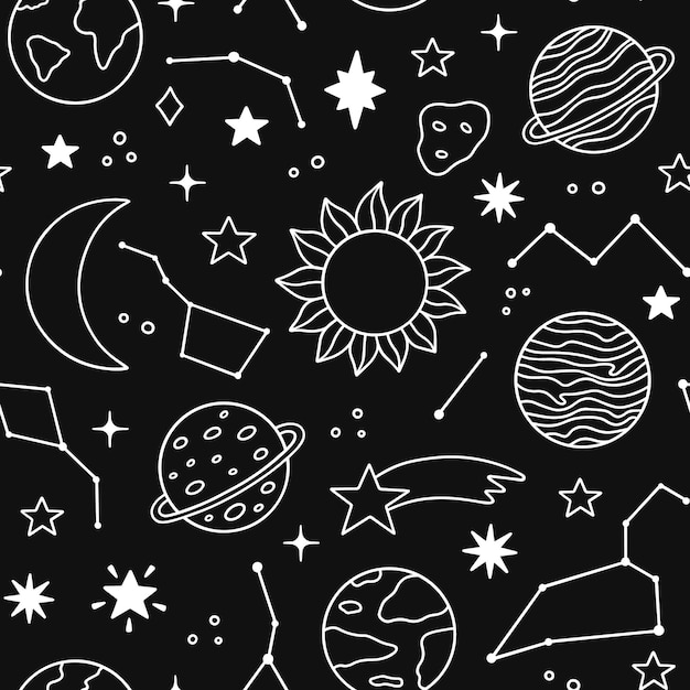 Seamless pattern of space doodle Planets stars constellations moon in sketch style Solar system