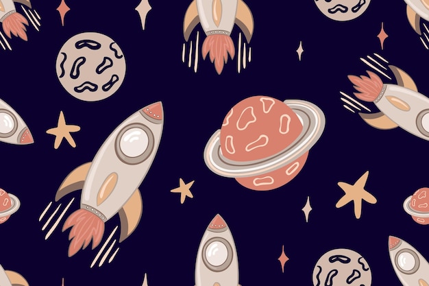 Seamless pattern of space elements cartoon design space rockets planets stars flat kids vector illustration