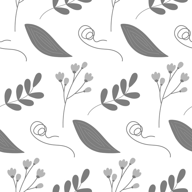 Vector seamless pattern of spathiphyllum leaf and curled branch with flowering twigs in grayscale isolate