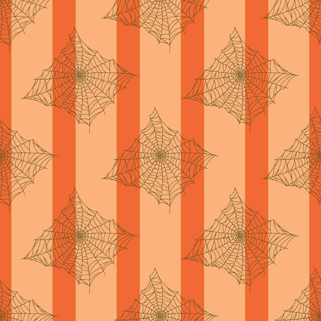 Seamless pattern spider web isolated on orange striped background. outline spooky cobwebs template for fabric. design vector illustration.