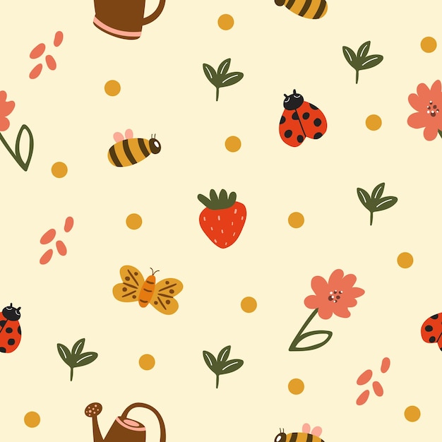 Seamless pattern of spring elements Cute hand drawn flat illustration