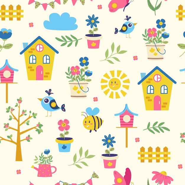 Seamless pattern of spring Flowers bee butterfly bird