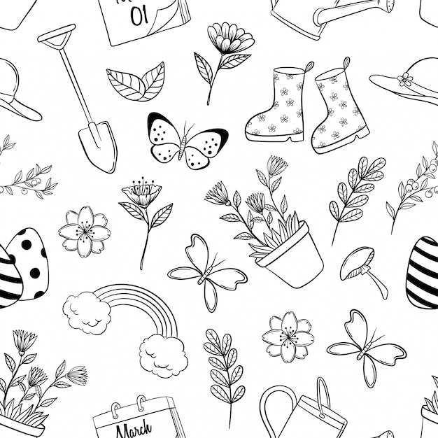 seamless pattern of spring icons with hand drawn style on white background