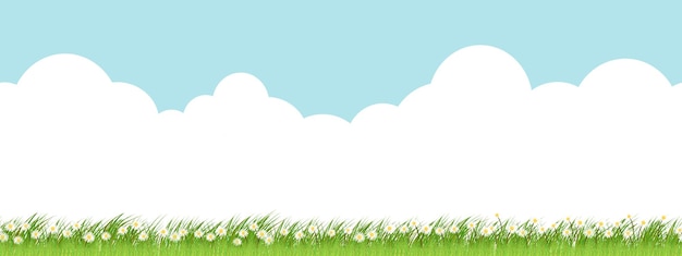 Seamless pattern spring nature background with blue sky,white cloud, cute daisy and grass land.vector endless summer green field of meadow and wildflower, horizontal border for easter holiday backdrop