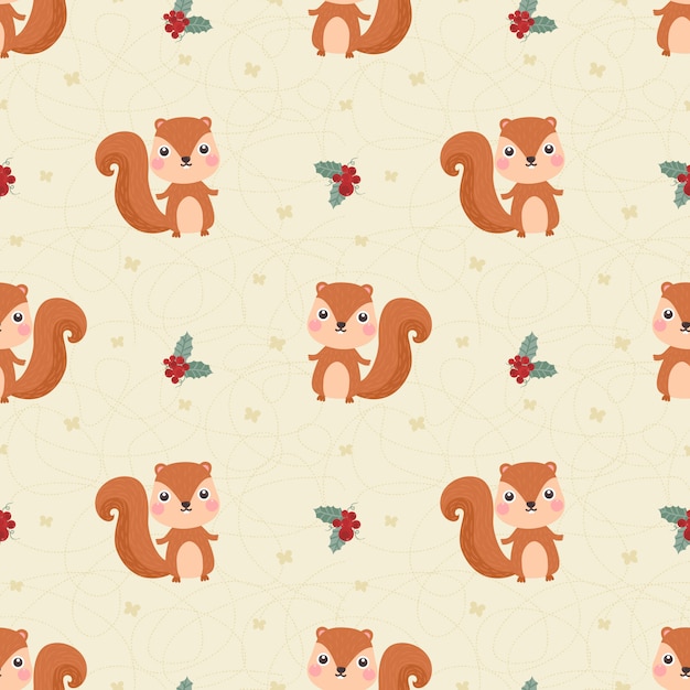 Vector seamless pattern squirrel and berry.