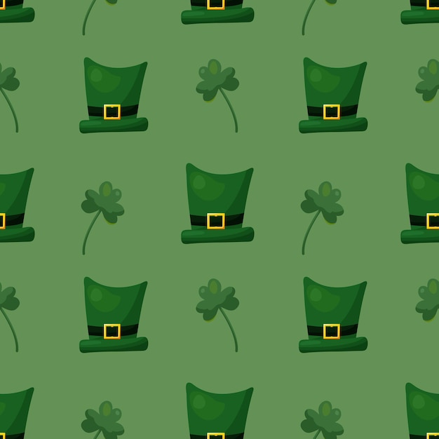 Seamless pattern for st patrick day with green hats and clover twigs on green background