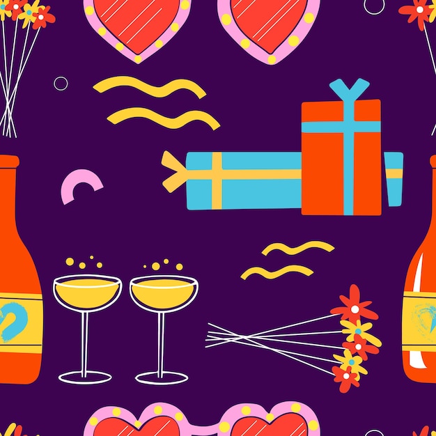 Seamless pattern for St. Valentine's Day. Shampoo, gifts and flowers. Vector flat illustration