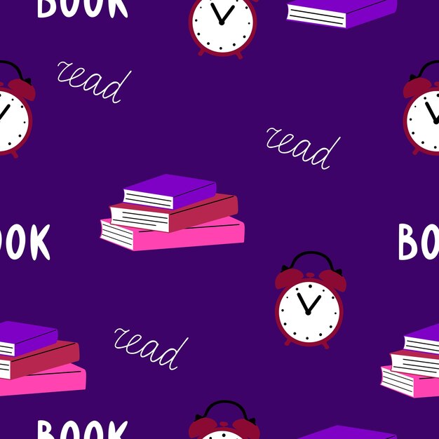 Seamless pattern of stacks of books and an alarm clock on a dark background Reading time concept