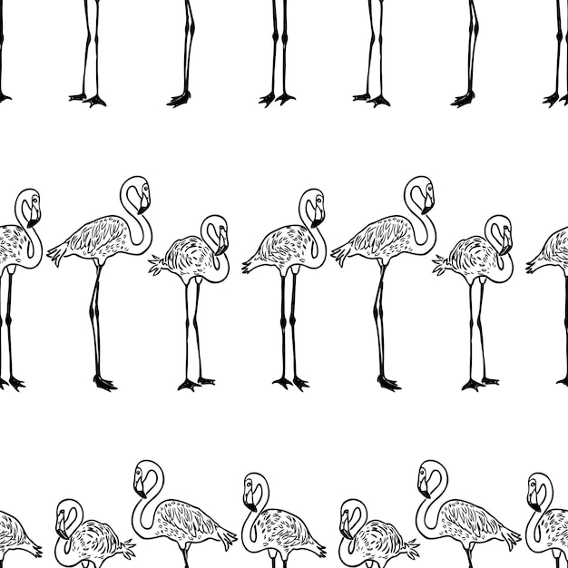 Seamless pattern of standing cartoon flamingos