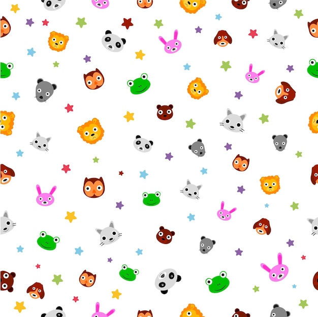 Seamless Pattern Star Baby Animal Face Owl Mouse Frog Tiger Dog Cat Panda